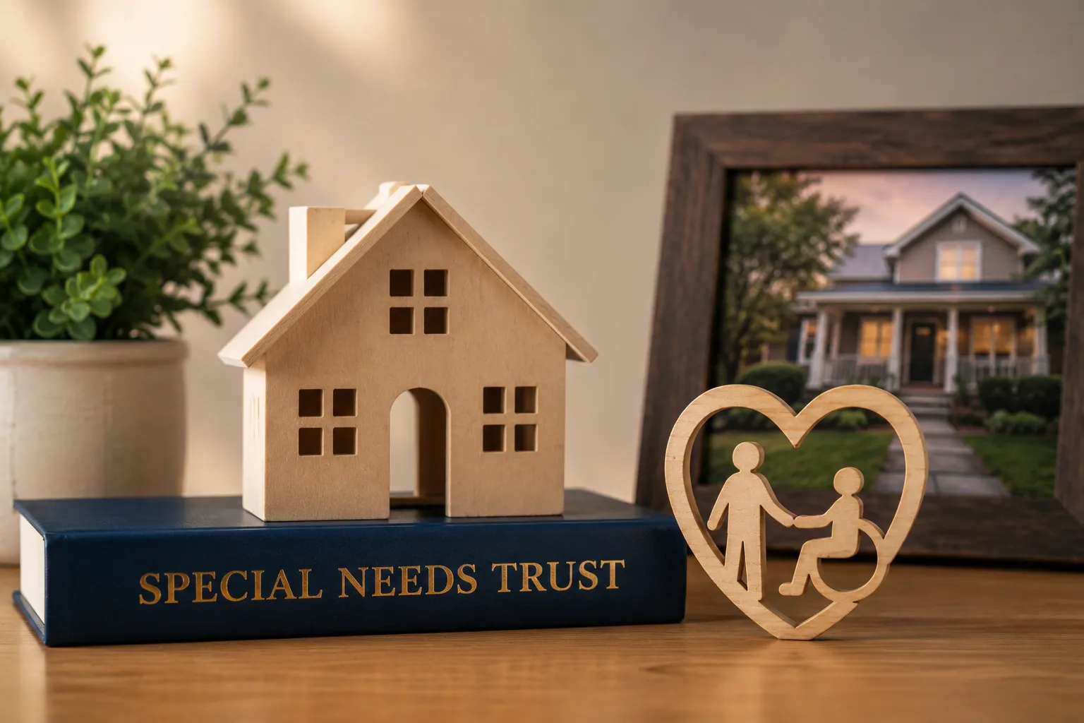 house resting on a special needs trust book, representing a New Jersey special needs trust owning residential property for a disabled beneficiary