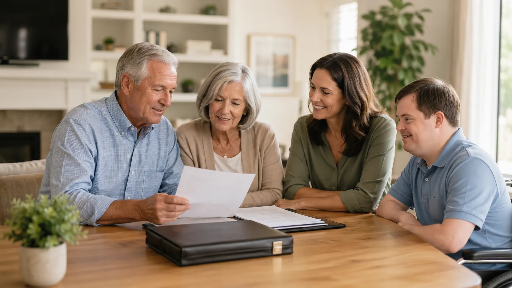 Grandparents and family members reviewing estate planning documents with an adult family member with a disability at home while discussing a special needs trust and inheritance planning