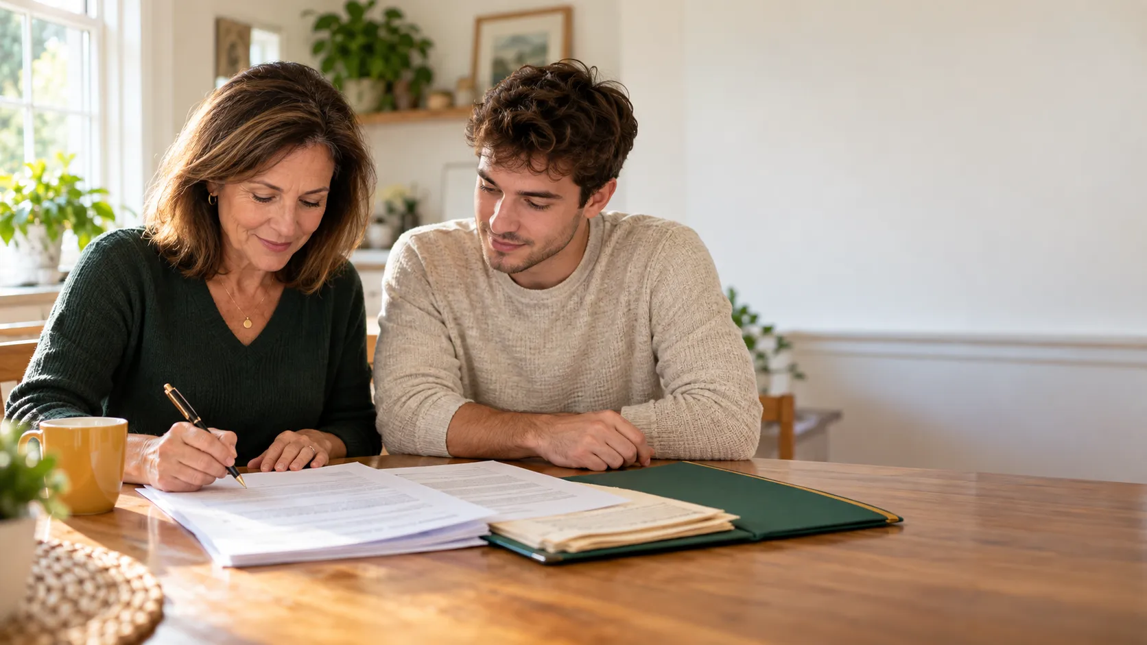 Parent and adult son reviewing and updating a special needs trust document together at a kitchen table.