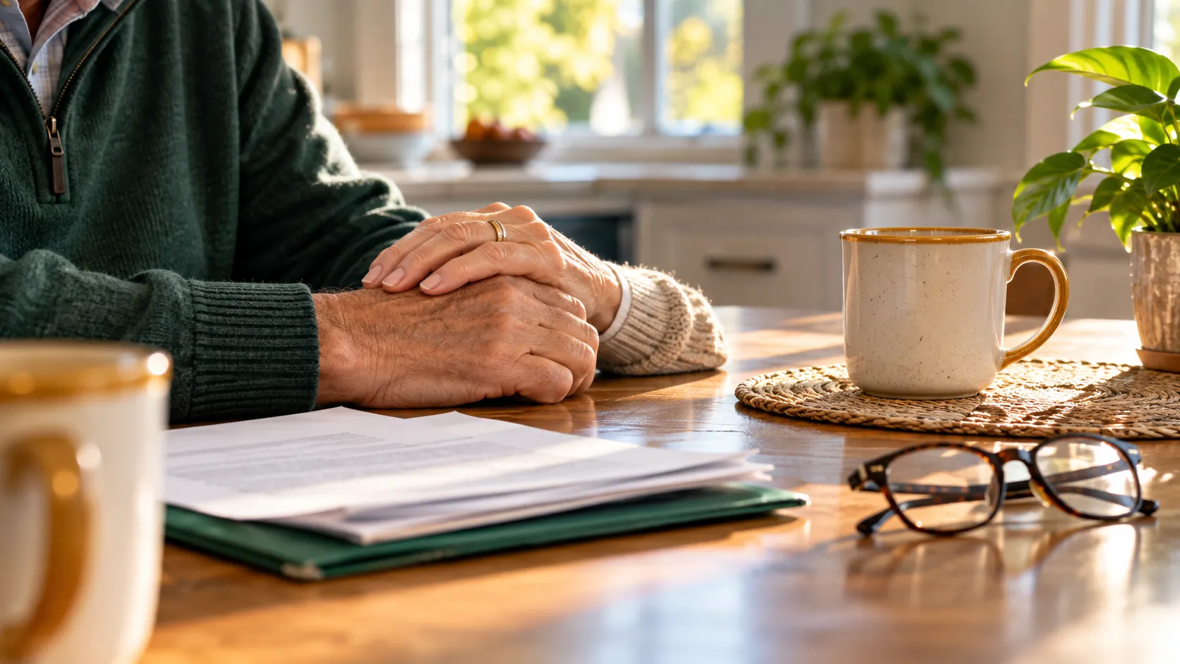 Older unmarried couple's hands on a kitchen table with papers, planning an NJ domestic partnership to avoid inheritance tax